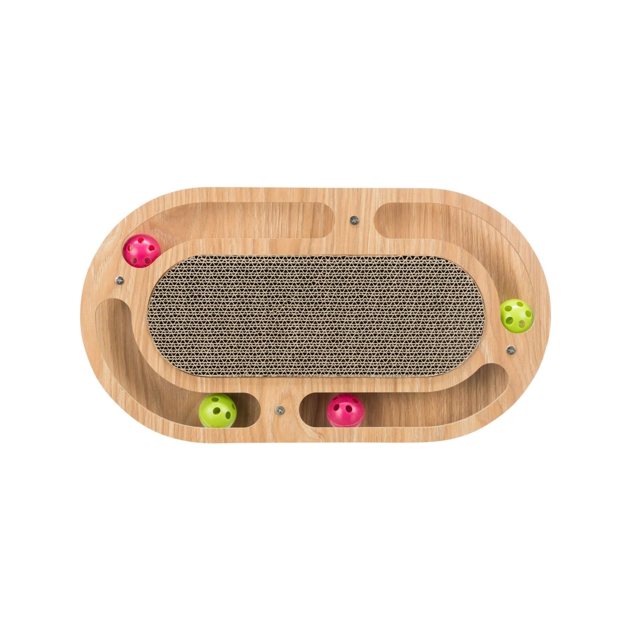 Drapak kartonowy z drewnem i piłkami + kocimiętka 46×25 cm