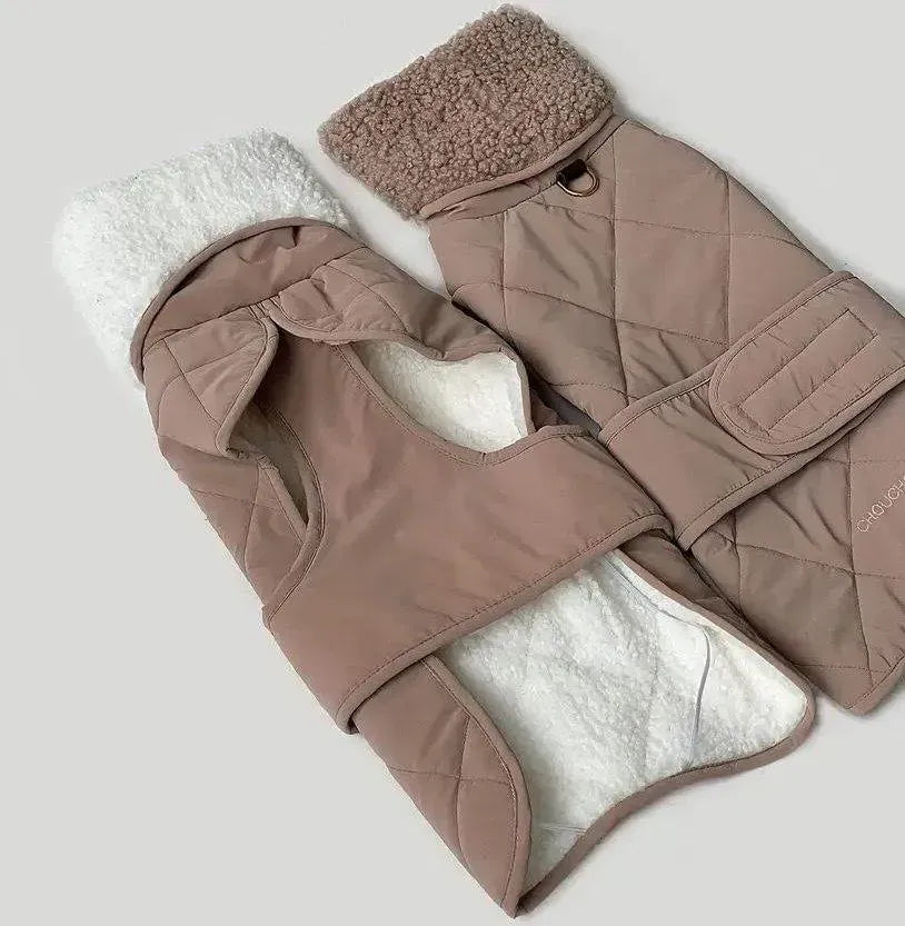 Winter dog jacket "Waffle" in beige with taupe fur