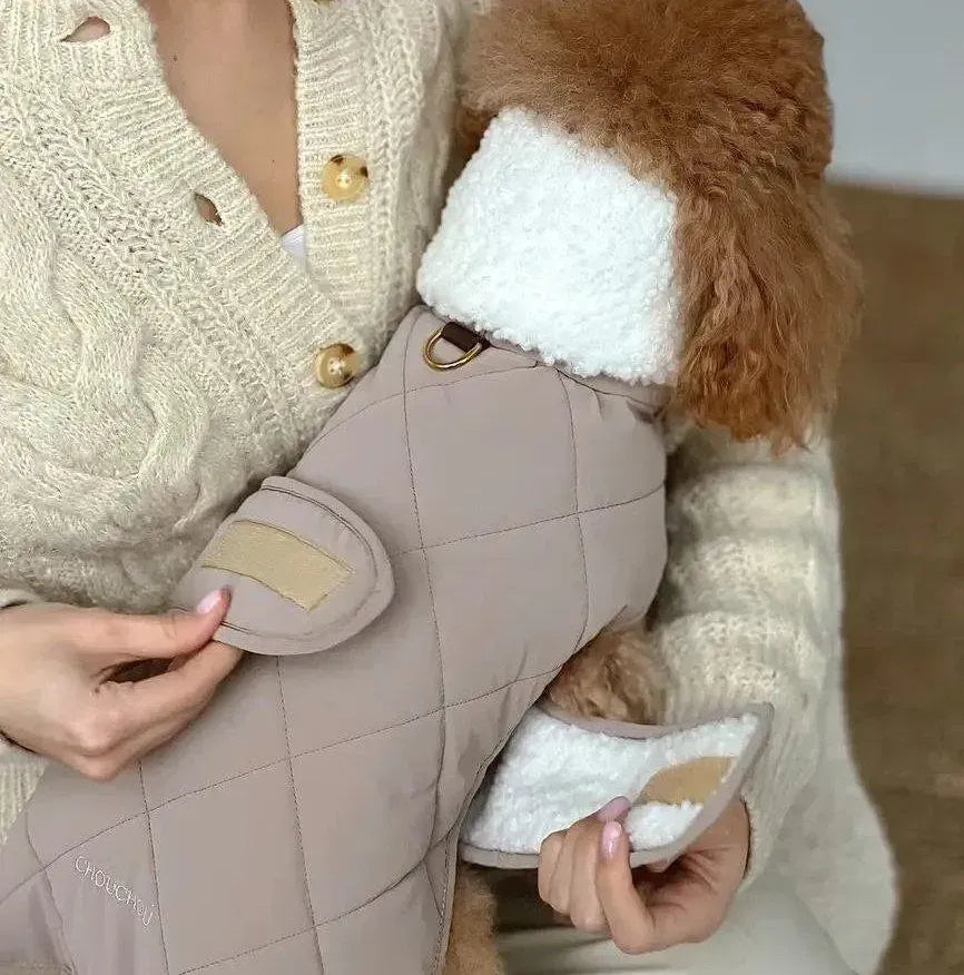 Winter dog jacket "Waffle" in beige with milky fur