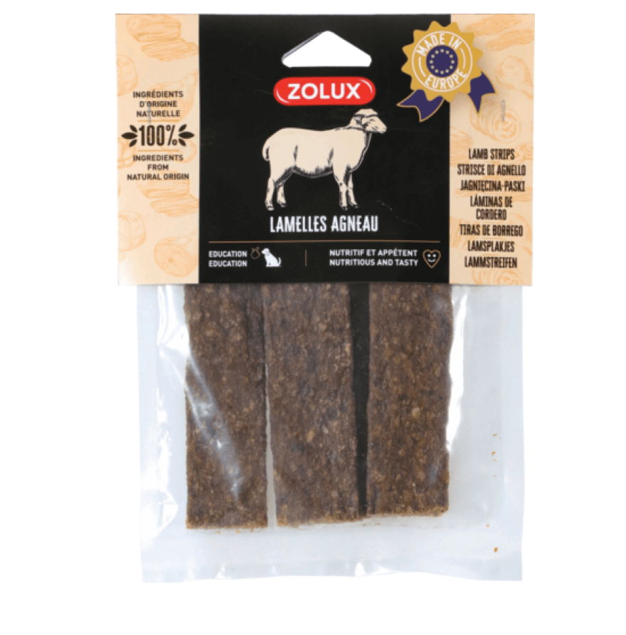 La délicatesse naturelle de Zolux pour les rayures d'agneau de chien 100 g