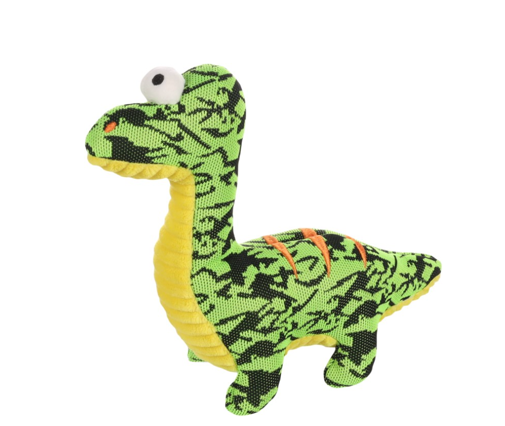 Flamingo Wilda - a green dinosaur with a pipe for a dog