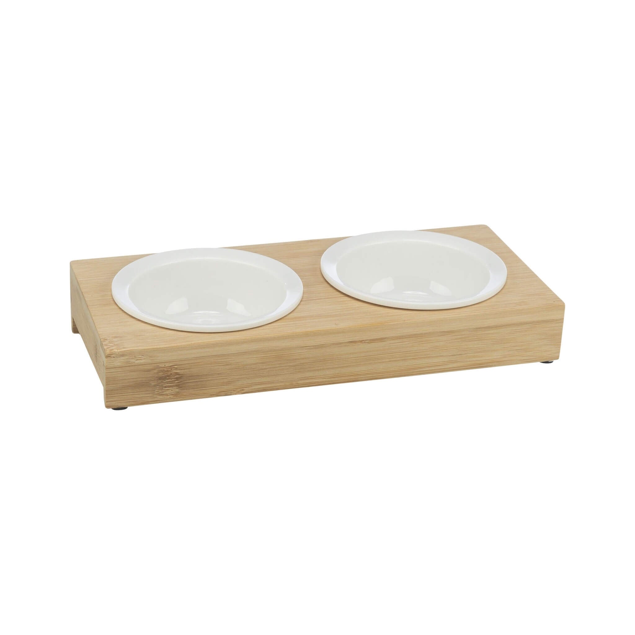 Ceramic bowls on stand 2×0.25L white/bamboo