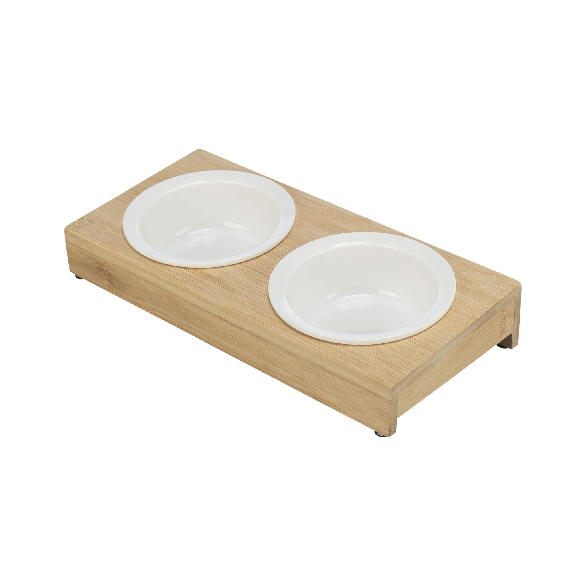 Ceramic bowls on stand 2×0.25L white/bamboo