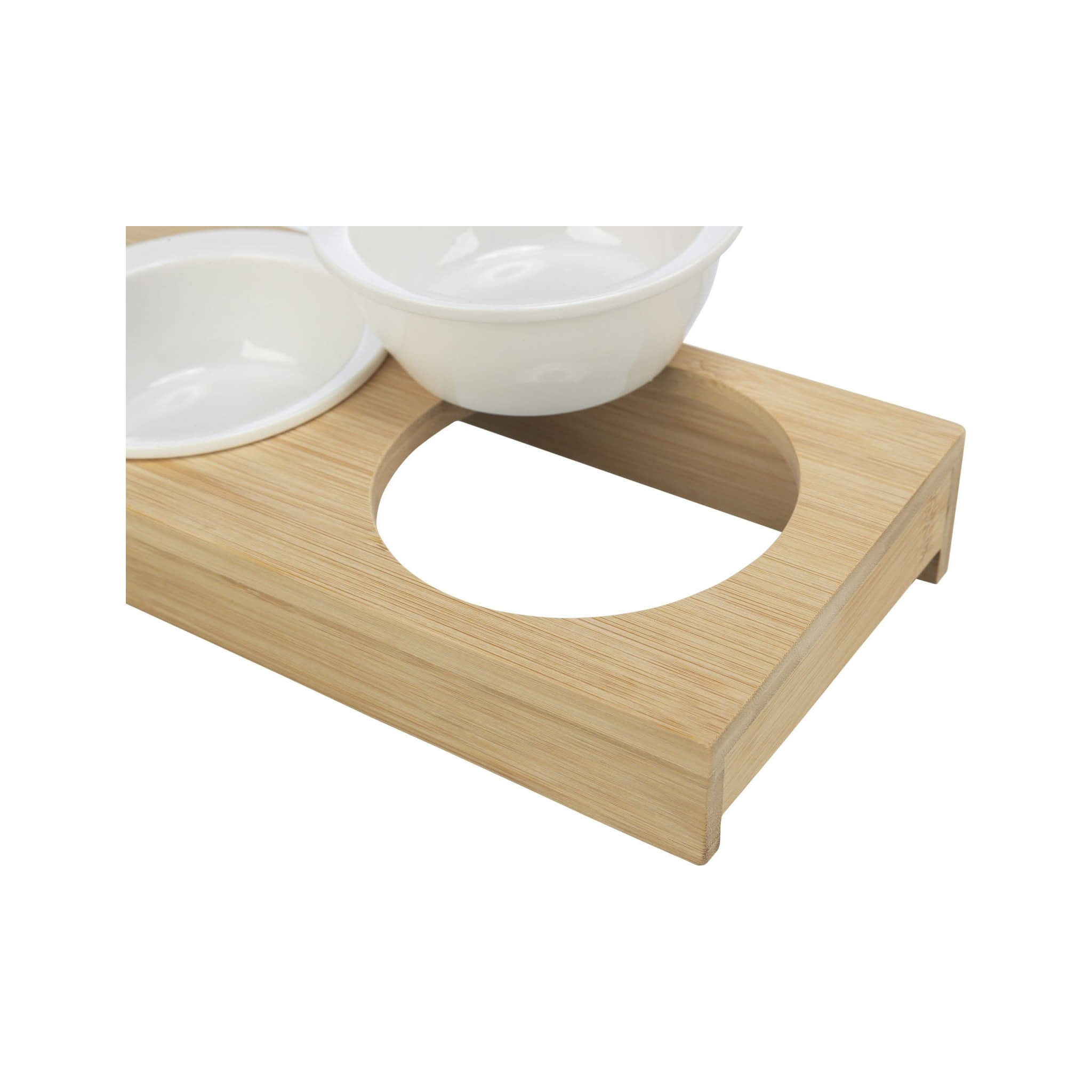 Ceramic bowls on stand 2×0.25L white/bamboo