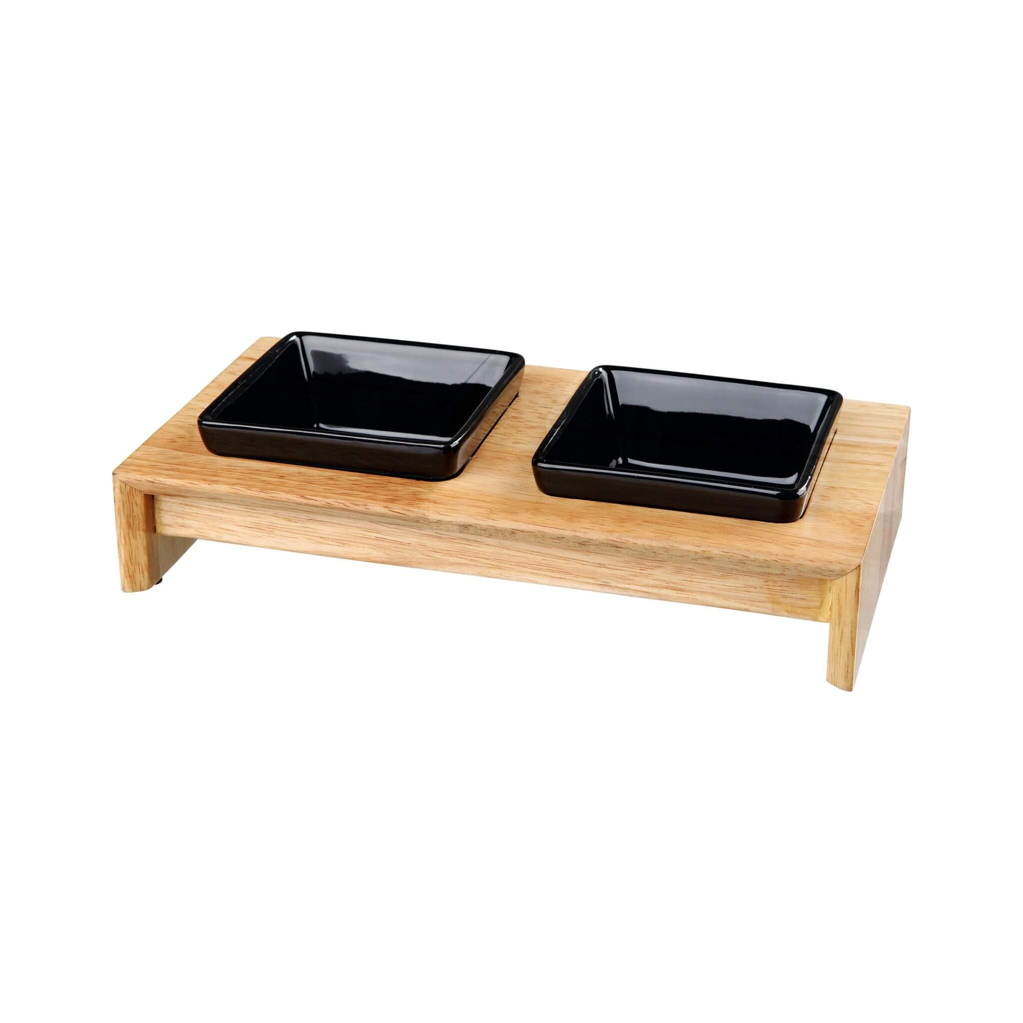 Set of black bowls on a stand 2×0.2 l wood/ceramics
